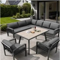 Celya Gartenlounge-Set Gartenlounges Balkon, Gartenmöbel Set für 8 Personen, Seilwerk, (mit verzinktem Eisengestell, verstellbare Beine, alle Sitz- und Rückenkissen inklusive, Grau), Möbelset für 8 Personen, Seilwerk, großer Tisch mit Holzmaserung