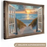 OneMillionCanvasses® Leinwandbild Durchblick - Strand - Weg - Sonnenuntergang, Fotodruck (1 St), Leinwand Bilder Klein, Wand Dekoration Aesthetic 30x20 cm