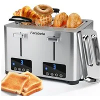 FATABETA Toaster Toaster 4 Scheiben, mit Brötchenaufsatz & 2 Staubschutzdeckeln, 4 kurze Schlitze, für 4 Scheiben, 1500 W, LED-Display, Touchscreen, 7 Stufen, Auftauen & Aufwärmen, Edelstahl