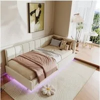ADWOLT Daybett Tagesbett Polsterbett mit LED-Beleuchtung und Stauraum, Schlafsofa,Jugendbett USB&Typ-C,Einzelbett 90x200cm,Samt,Beige