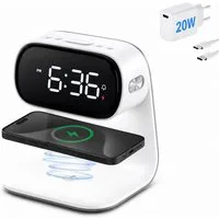 Toomoke Wireless Charger,3 in 1 Induktive Ladestation,Wecker und Nachtlicht Induktions-Ladegerät (für iPhone, Samsung,Apple Watch, AirPods,Other Qi-Certitied iPhone, Digitaluhr,Kabelloses Ladestation,3 Helligkeitsstufen,15W,Weiß)