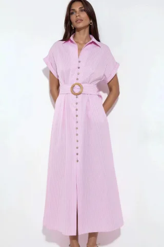 Gestreiftes Midikleid mit V-Ausschnitt und Gürtel