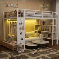 Merax Hochbett 140x200cm mit LED-Beleuchtung (Jugendbett Metallbett Loftbett, 1-St) Kinderbett mit offenem Kleiderschrank,Ablagefächern,Lochwand,Stauraum