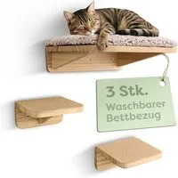 Knupis Kratzbaum Katzen Kletterwand Set mit Katzenbett & 2X Katzentreppe - Kiefernholz, Stabile Wandliege bis 30 kg – Für Spielspaß & Gemütlichkeit - FSC®