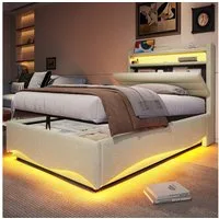 TavilaEcon Boxspringbett Polsterbett mit LED-Beleuchtung und Hydraulikmechanismus (1-St), 90x200cm, mit Ablagefach, USB-/Typ-C-Anschluss, Beige