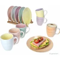 MamboCat Frühstücks-Geschirrset 12tlg Frühstücksset Pastello Steingut pastell-Farben Teller Becher, Steingut
