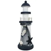 Yudu Dekofigur Deko-Leuchtturm Holz Fischernetz Seestern Seevögel Maritime H22,50cm
