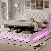 ADWOLT Stauraumbett Polsterbett Doppelbett mit LED-Beleuchtung (Gepolstertes Kopfteil mit getuftetem Knopfdesign), Hydraulikbett Funktionsbett, ohne Matratze, Leinen, Beige, 140x200cm