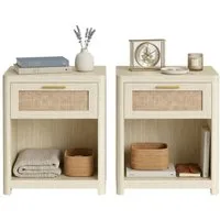 VASAGLE Nachttisch Boho-Stil, Beistelltisch, mit Schublade in Rattan-Optik, mit Fach, abgerundeten Ecken, für Schlafzimmer neben dem Bett, 2er Set