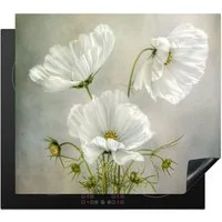 MuchoWow Herd-Abdeckplatte Blumen - Stillleben - Mohn - Weiß - Botanisch, Vinyl, (1 tlg), Ceranfeldabdeckung Küche, Herdabdeckplatte Einteilig, 60x52 cm