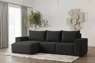 Ecksofa Designersofa ESTELLE in Stoff Poso Schwarz Ottomane Links