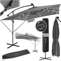 tectake Ampelschirm Sonnenschirm mit LED Solar-Beleuchtung und Winddach, 250 x 250 cm, Balkonschirm Sunna, für Außen in Hellgrau, neigbar, wasserabweisend, inkl. Windsicherung und Schutzhülle