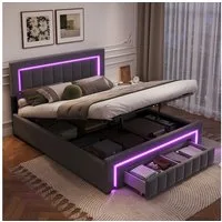 STILVORA Polsterbett 140×200 mit bettkasten,Funktionbett Boxspringbett mit LED & Schubladen (verstärkter Metallrahmen, stabiler Lattenrost, Gepolstertes Kopfteil, Bettkasten mit Hydraulik, Bettgestell mit Gepolstertes Kopfteil), mit einem Hebeseil, S