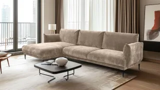 Ecksofa Designersofa MADISON in Stoff Dress Me Beige Ottomane Links