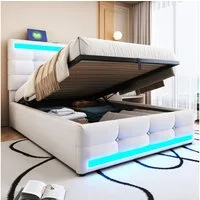 Flieks Polsterbett, LED Einzelbett Stauraumbett 2 USB-Anschluss 90x200cm Leinen