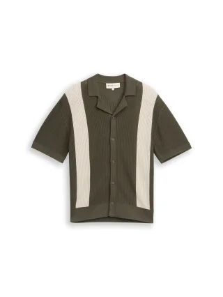 Denim Tom Tailor - Strickhemd mit Resort Kragen und Knopfleiste faded green white colorblock - Gr. - M