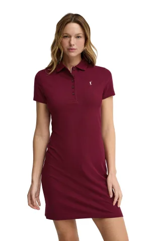 Kurzes Kleid granatrot mit kurzen Ärmeln, Polokragen und Rigby Go Logo