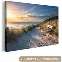 OneMillionCanvasses® Leinwandbild Sonnenuntergang - Strand - Düne - Gras - Bank, Fotodruck (1 St), Leinwand Bilder Klein, Wand Dekoration Aesthetic 30x20 cm
