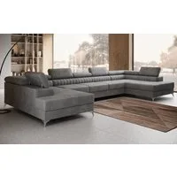 thematys Ecksofa FERMO 403 x 203cm mit Schlaffunktion & Bettkasten –, U-Sofa mit verstellbaren Kopfstützen, Samt (Monolotith), oder Bouclé (Quelle), - U-Form, XL-Wohnlandschaft, 390 cm breit