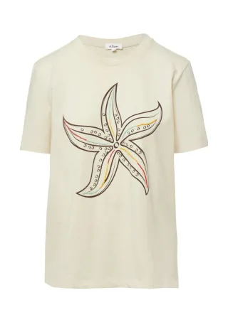 s.Oliver Red Label - Jersey-T-Shirt mit Frontprint und Schmuckperlen beige - Gr. - 36