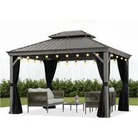 PURPLE LEAF Pavillon Hardtop Alu Gartenpavillon mit Seitenteilen und LED Lichterketten, Winterfester und wasserdichter Pavillon