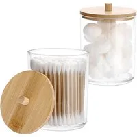 FELIXLEO Make-Up Organizer 2er Set Acryl Wattestäbchen Behälter mit Bambusdeckel Rund Klar, 1-tlg.