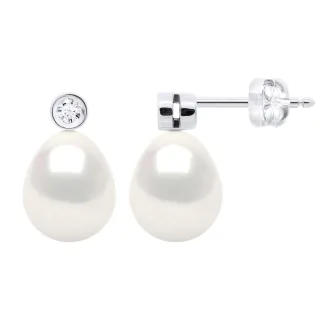 Ohrringe Prestige – Diamanten 0,02 ct – Qualität HSI – Weißgold – echte Süßwasser-Zuchtperlen, Birne 8–9 mm
