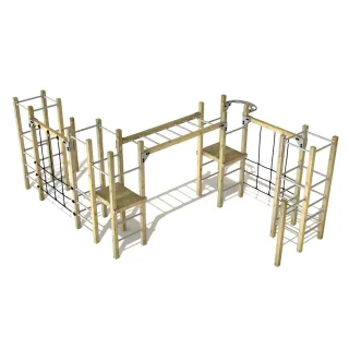 Parkour Anlage PRO Fit Taggers 9x9 cm - Outdoor Fitness Spielgerät für Kinder - Stabile Holz Plattformen mit Reckstangen und Kletternetz - Wickey
