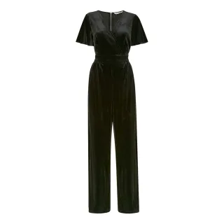Yumi - Jumpsuit für Damen, V-Ausschnitt, Samt, Engelsärmel (Schwarz)