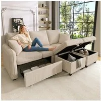 Merax Ecksofa U-förmiges Schlafsofa mit Staufunktion, Tagesbett Sofa Wohnzimmersofa aus Chenille-Bezug 1 Teile, 3-Sitzer-Ecksofa mit 2 Schubladen & 2 Hocker mit Stauraum, Polstersofa