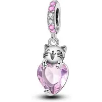 PANDACHARMS Bead Katze mit Großem Rosa Herz Charm Anhänger, 925 Sterling Silber