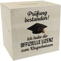 speecheese Spardose Prüfung bestanden Doktorhut Spardose aus Holz mit Spruch Lizenz zum
