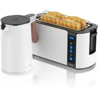 Arendo Frühstücks-Set Edelstahl Wasserkocher 1,5l, 4-Scheiben Langschlitz Toaster, weiß (2-tlg), Wasserkocher mit Temperatureinstellung, Toaster Brötchenaufsatz, Touch