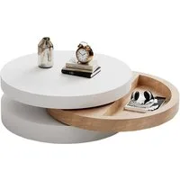 Merax Couchtisch drehbarer Sofatisch Zylindrisch Beistelltisch in Weiß & Holzoptik (Kaffeetisch, 1-St., 60 x 60 x 35,1 cm), Wohnzimmertisch mit 3 Ebenen, Stauraum und 360°-Schwenkfunktion
