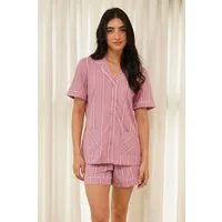 SNOOZE OFF Shorty Damen Pyjama gestreift in Rosa-Lila mit kurzarm Hemd & Shorts (2 tlg., 1 Stück) aus 100% Baumwolle