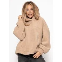 SASSYCLASSY Strickpullover Oversized Pullover Damen im Teddy-Look Oversized Teddy Sweatshirt Damen mit Kapuze Rosa Beige Leo