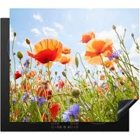 MuchoWow Herd-Abdeckplatte Blumen - Mohn - Frühling - Natur - Rot - Blau, Vinyl, (1 tlg), Ceranfeldabdeckung Küche, Herdabdeckplatte Einteilig, 60x52 cm