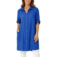 dy_mode Longbluse Damen Leinen Longbluse Sommer Hemdbluse Blusenkleid Luftige Tunika in Unifarbe, mit Knopfleiste