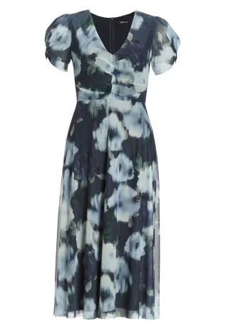 SWING - Midi Kleid mit Ärmel aus Mesh mit Ikat Druck navy/multi - Gr. - 36