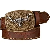 Ware aus aller Welt Nietengürtel Westerngürtel mit Longhorn-Schnalle – im authentischen Cowboy Style (1-St) Geprägte Western-Details mit Longhorn- und Blumenmotiven