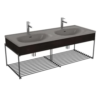 VitrA Equal Doppelmöbelwaschtisch-Set 66067 132,5x52cm, Möbelwaschtisch asymmetrisch, steingrau matt, mit Holzblende ulme