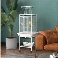 PawHut Vogelkäfig Papageienkäfig mit 3 Türen, 2 Sitzstange, 360° Rollen, Futternapf, Stahl Voliere für Nymphensittiche, 62,5x62,5x156cm, Weiß