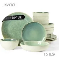 JIWOO Geschirr-Set 16er Kombiservice Teller-Set Tafelservice Schüssel-Set Speiseteller (16-tlg), 4 Personen, Keramik, Hochwertiges Geschirr set Grün Mikrowellen spülmaschinenfest