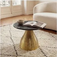 FINEBUY Couchtisch FB77370 60cm Marmor Platte Schwarz Wohnzimmertisch Beistelltisch Rund (Extravaganter Tisch in markanter Rillenoptik), Glatte Marmorplatte auf goldenem Aluminium