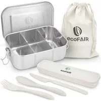 ecoFAIR Lunchbox Edelstahl Brotdose 800ml Lunchbox mit 3 Fächern Besteck Set, Edelstahl, (Set, 9-tlg., Besteckset und Aufbewahrungsbox, Aufbewahrungsbeutel), inkl Besteckset und Aufbewahrungsbox, Aufbewahrungsbeutel