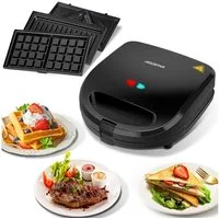 Aigostar 3-in-1-Kombi-Waffeleisen 750 W Sandwichmaker, 3 Austauschbare Platten, Beidseitiges Grillen, 750,00 W, Antihaftbeschichtet, Automatisches Thermostat, Wärmeisolierender Griff