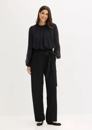 bonprix Chiffon Jumpsuit mit Bindeband, schwarz, Gr.44/46 (L), Eleganter Jumpsuit mit integriertem Bindeband aus Chiffon und Glitzer