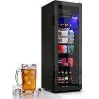 Merax Kühlschrank 128L mit Gefrierfach, Glastür, LED-Beleuchtung, verstellebare Ablage, Getränkekühlschrank SC-128P, 110 cm hoch, 40 cm breit, Mini Kühlschrank, Kühl- und Gefrierfunktion, freistehend