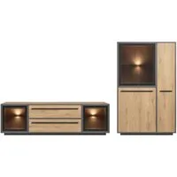 moebel-dich-auf Wohnwand NARDO, (Wildeiche / Absetzung: Anthrazit, 1-St., Verschiedene Board-Sets), Braunglas, Softclose, inkl. LED-Beleuchtung