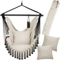 tectake Hängesessel Hängeschaukel, Belastbarkeit 150 kg, ca. 100 x 150 x 150 cm (Hängestuhl Malika, in Beige), dicke Kissen, mit Bücherfach & Flaschenhalterung, inkl. Tragetasche